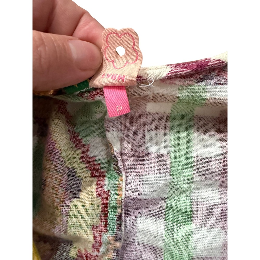 Farm Rio Gingham Fruit Floral Smocked Crop Top Puff Sleeve V-Neck Brazil Small - Picture 3 of 5